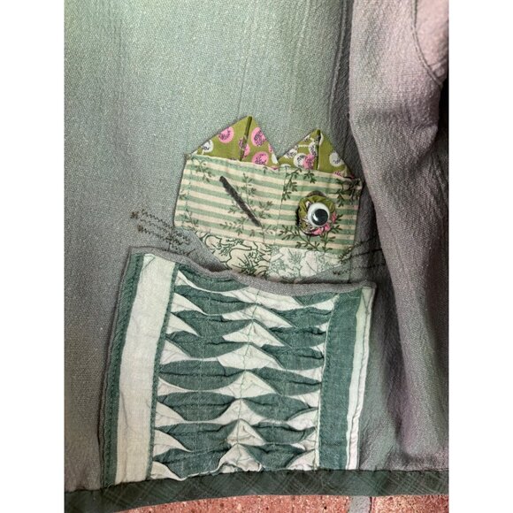 Handmade Green Boho Kimono Jacket With Colorful Patchwork Applique Details - Picture 5 of 13